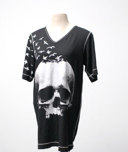 [P/M] Camiseta alongada de malha com estampa de caveira Deliriyou