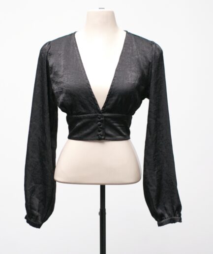 [P] Cropped de cetim com mangas bufantes e decote V Just Be