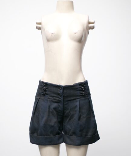 [M/G] Shorts alfaiataria cintura baixa xadrez azul marinho com botões e bolsos