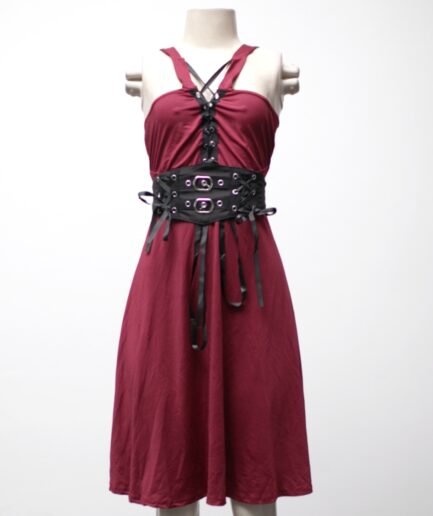 [P/M] Vestido vinho com amarração e cinto de fivelas