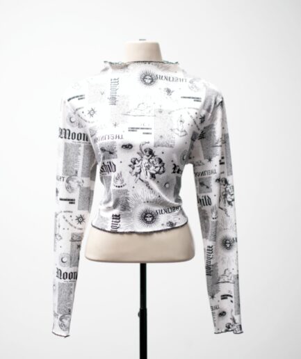 [G/GG] Cropped manga longa branco estampado moon child