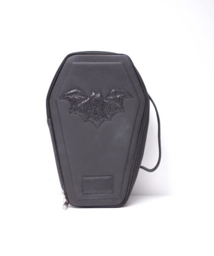 Bolsa caixão grande com morcego e glitter para maquiagem La Strega Artes