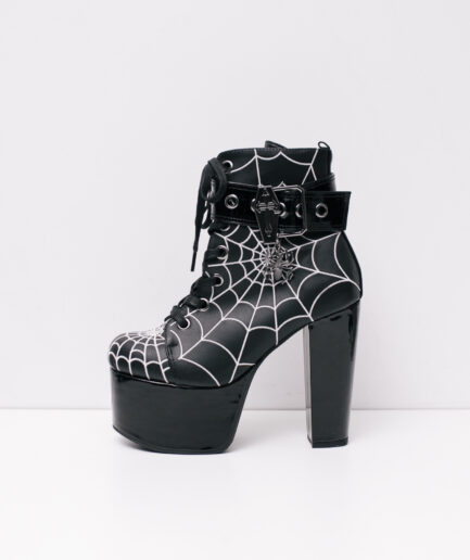 [37] Botas de salto em verniz com bordado de teia de aranha Demonia