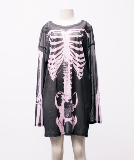 [G/GG] Camiseta/vestido manga longa de tule com estampa de esqueleto