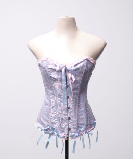[P/M] Corselet overbust de cetim adamascado rosa e azul claro com babados