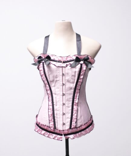 [PP/P] Corselet overbust rosa de cetim com detalhes de babados e laços preto