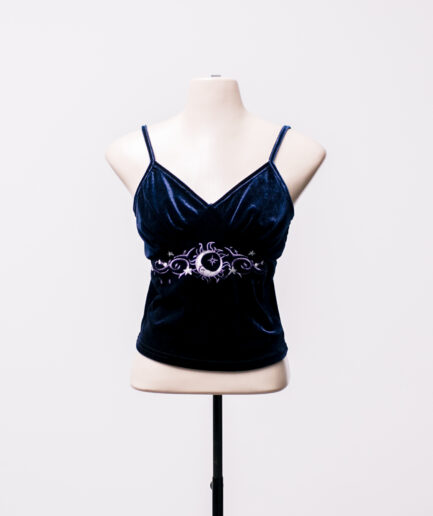 [P/M] Cropped de veludo azul marinho com bordado Romwe