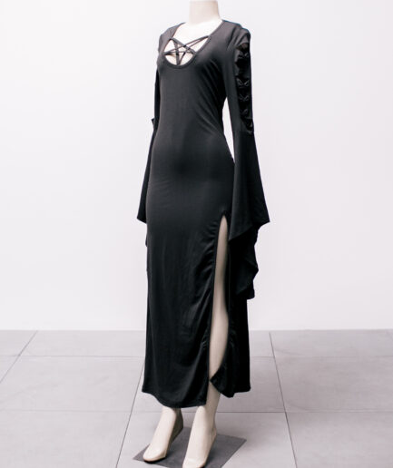 [P/M] Vestido longo com decote de pentagrama com mangas flare e fenda Romwe
