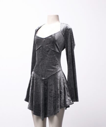 [P/M] Vestido de veludo adamascado cinza com mangas flare Killstar