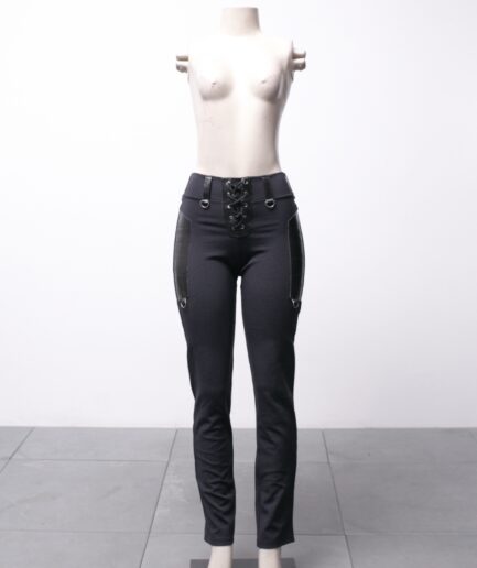[P/M] Calça legging com amarração e detalhes de courino Dark Fashion