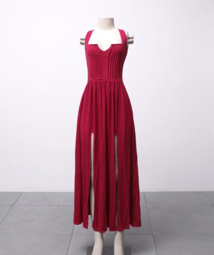 [P] Vestido longo vermelho com fendas e drapeados no busto Spookies