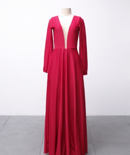 [P] Vestido longo rodado vermelho com mangas bufantes
