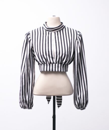 [M/G] Cropped listrado com mangas bufantes