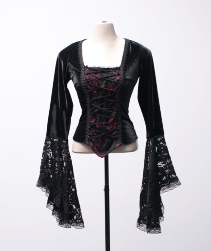 [P/M/G/GG] Blusa de veludo manga flare de renda com amarrações e forro vermelho