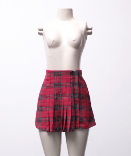 [PP] Saia plissada xadrez vermelha com zíper Clock House