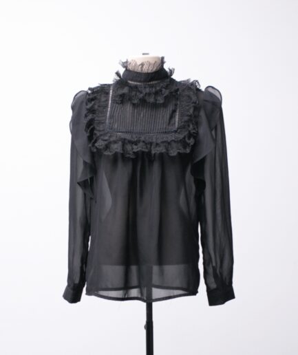 [P/M] Camisa de tule gola alta com babados de renda
