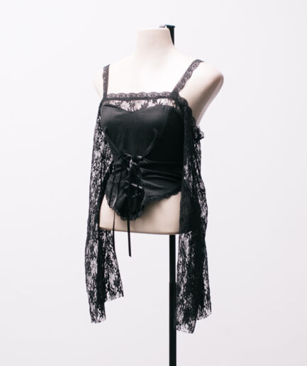 [M/G] Cropped manga flare de renda com amarração Romwe