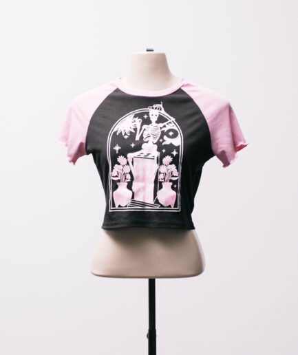 [P/M] Cropped canelado com mangas e estampa rosa Romwe