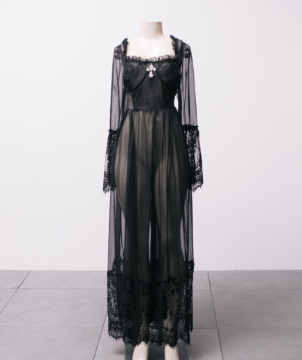 [M/G] Vestido longo de tule com renda e pingente de cruz