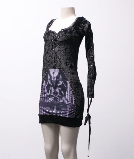 [P] Vestido de veludo molhado com amarrações e estampa de Baphomet Vultorian Clothing