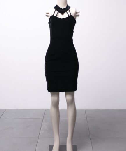 [P/M] Vestido de veludo com tiras e gola