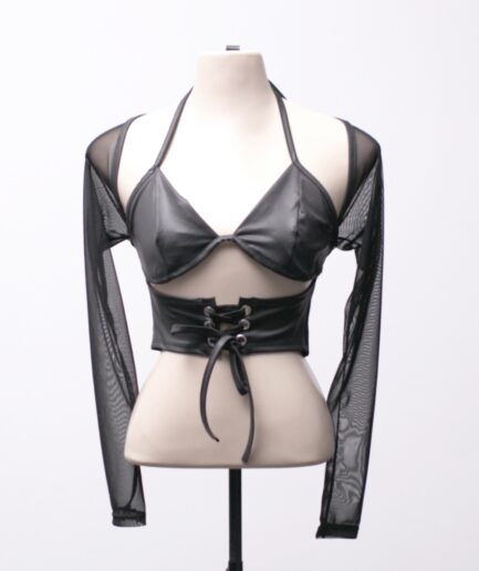 [P/M] Cropped manga longa de cirrê e tule com recortes e amarração