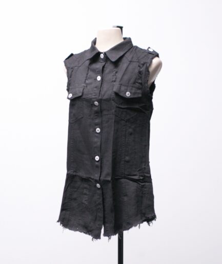 [P/M/G] Colete/camisa jeans preto alongado destroyed com bolsos