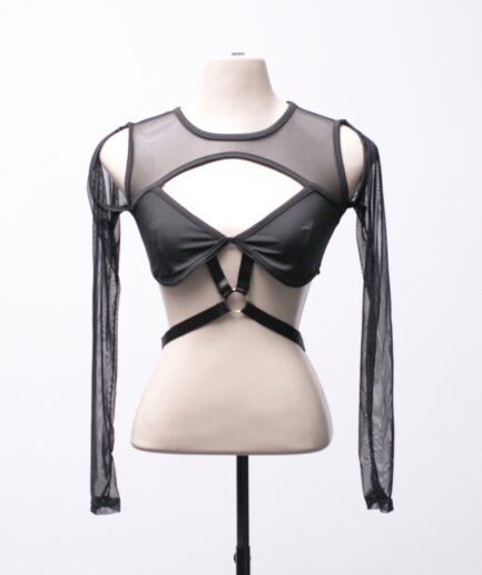 [P/M] Cropped manga longa de tule com recortes e tiras na cintura