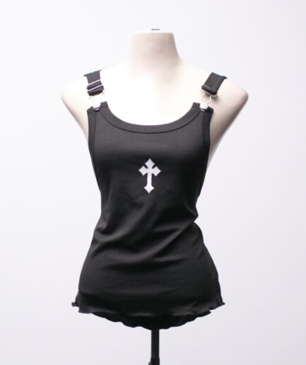 [G] Regata canelada com estampa de cruz e detalhe nas alças Romwe