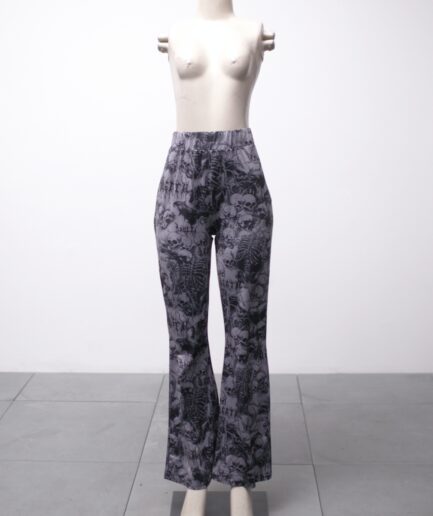 [M/G] Calça flare estampada com caveiras Romwe