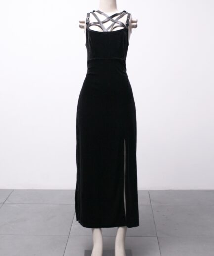 [P/M] Vestido longo de veludo com decote de pentagrama e fenda