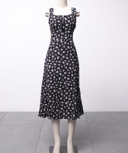[M/G] Vestido midi de viscose florido com amarração nas costas e fenda