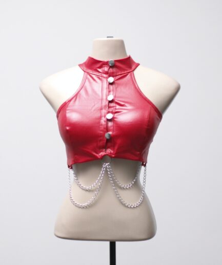 [P/M] Cropped em cirrê gola alta com botões e correntes vermelho