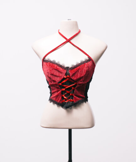 [M] Cropped de veludo cotelê bordô com tule e amarração Shein