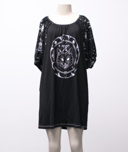 [P/M] Vestido com manguinhas bufantes estampa de gato mistíco e planetas Deliriyou