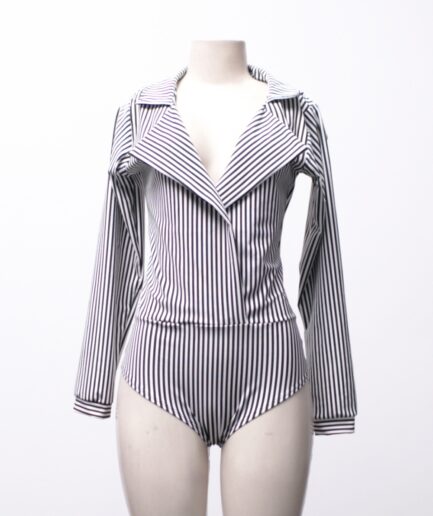 [P/M] Body manga longa listrado com gola estilo blazer
